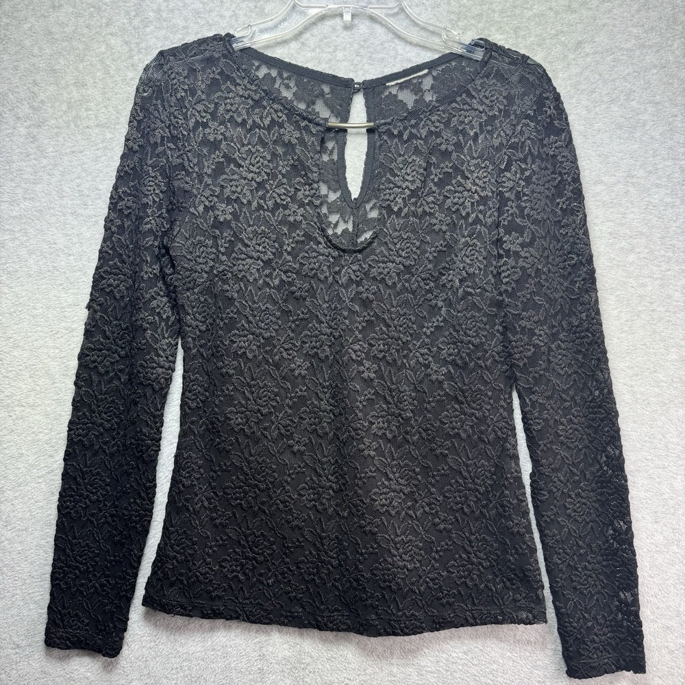 Y2K Top M Sheer Lace Floral Black Dark Fairy Whimsigoth Long Sleeve Romantic